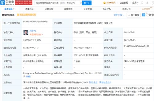恒大瑞博新能源汽車公司成立 注冊(cè)資本20億，聚焦科技信息咨詢服務(wù)